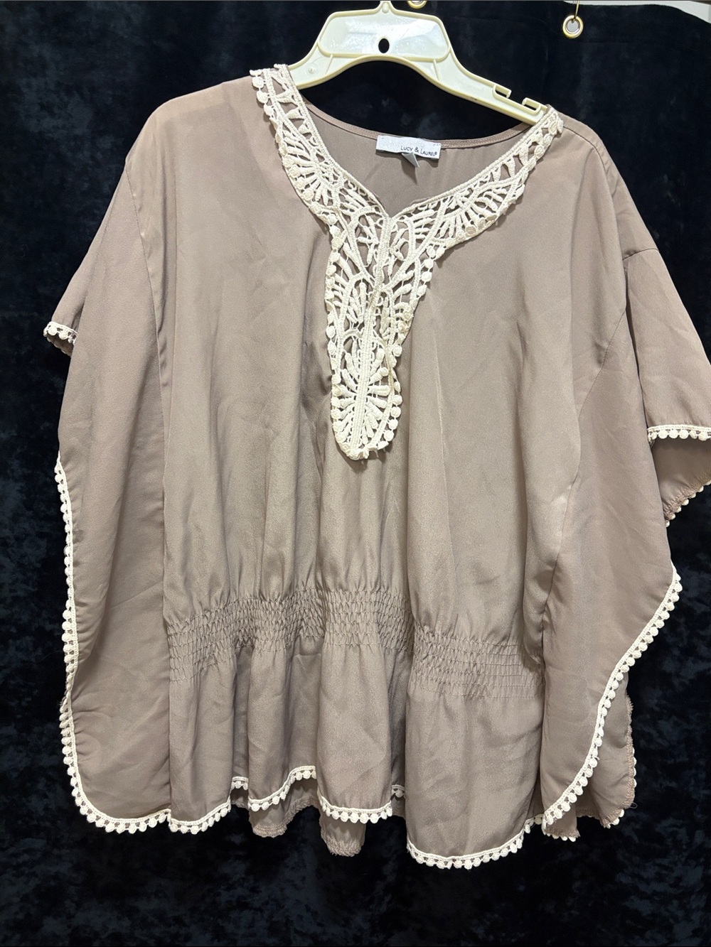 Lucy & Laurel Taupe Tunic with Cream Crochet Trim